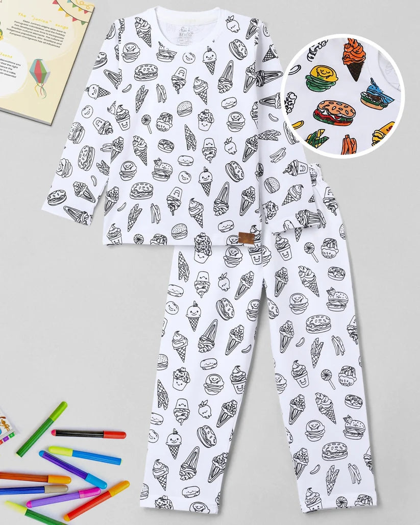 Comfort delights Printed Premium Cotton Self Coloring Night Suit with washable fabric Marker for Girls & Boys