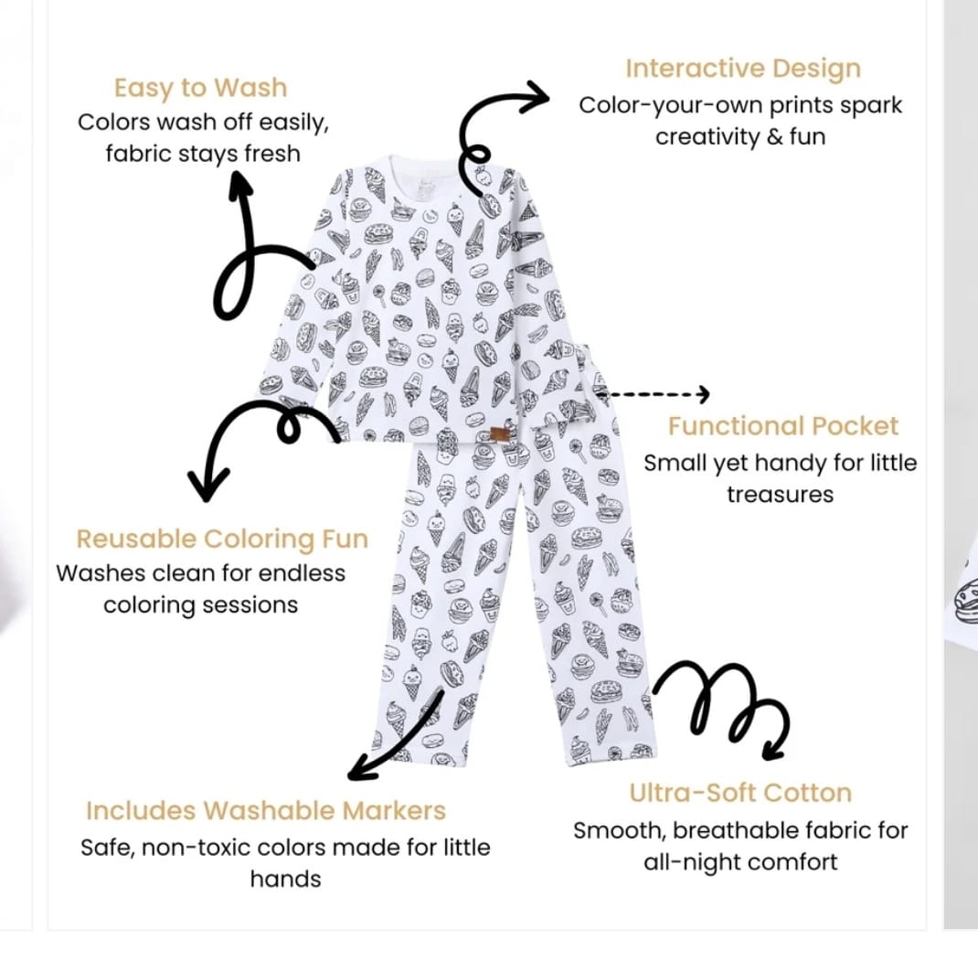 Comfort delights Printed Premium Cotton Self Coloring Night Suit with washable fabric Marker for Girls & Boys